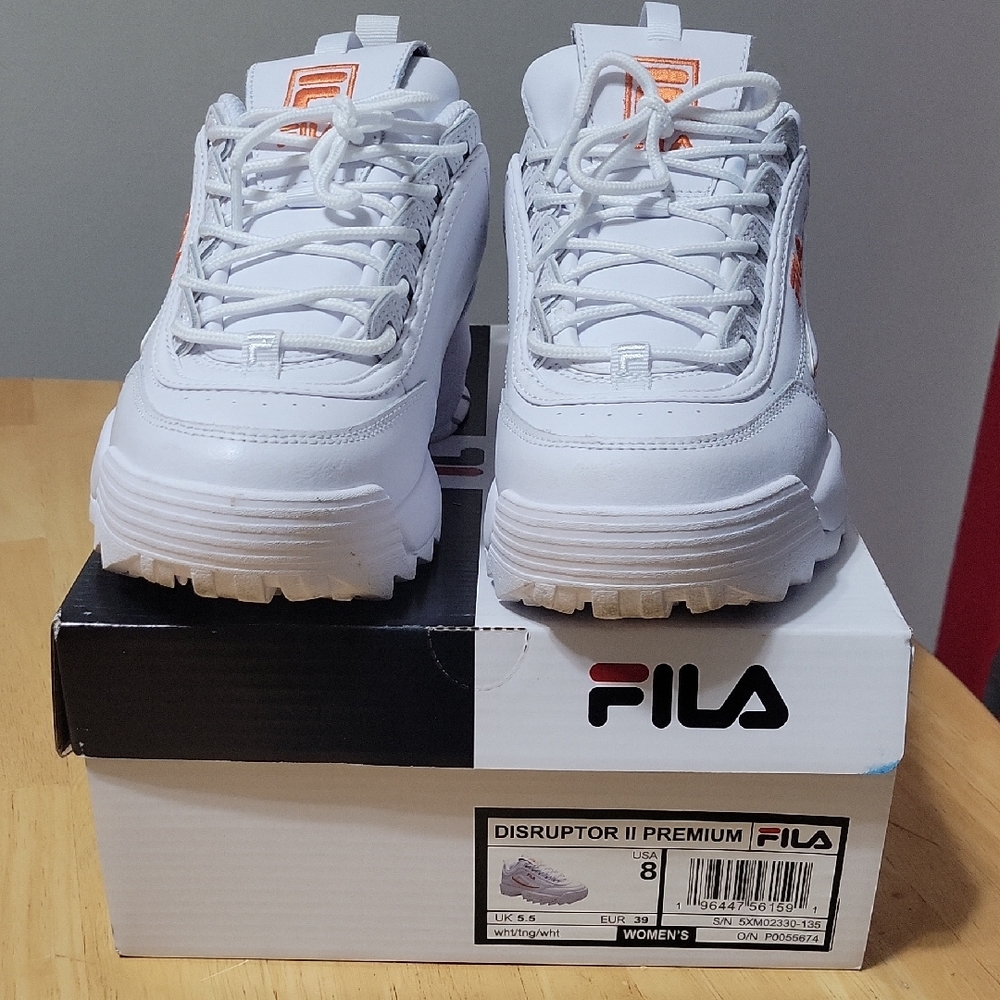 White With Orange Fila Disruptor Sneakers Like New